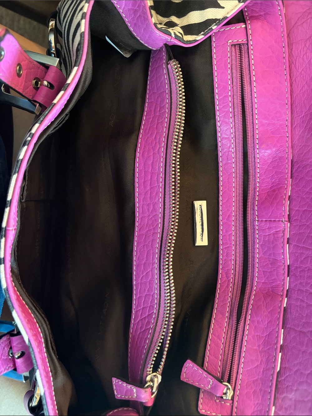 Zebra Print Adrienne Vittadini Satchel with Magenta Trim - Picture 5 of 5